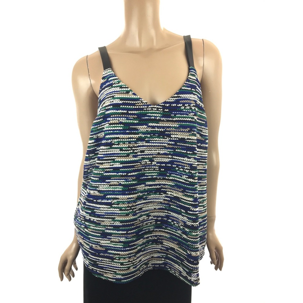 Ella Moss 'Oasis' Tank Blouse Size M Blue White Black Green Faux Leather Straps